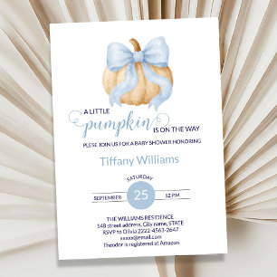 Blue bow pumpkin baby shower minimalistic  invitation