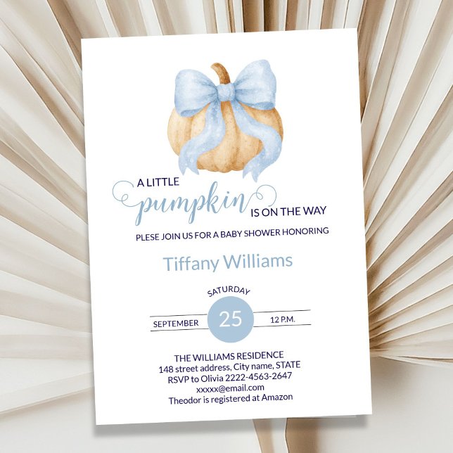 Blue bow pumpkin baby shower minimalistic  invitation (Minimalistic Little Pumpkin Baby Shower Invitation Boy | Blue Bow Fall Theme)