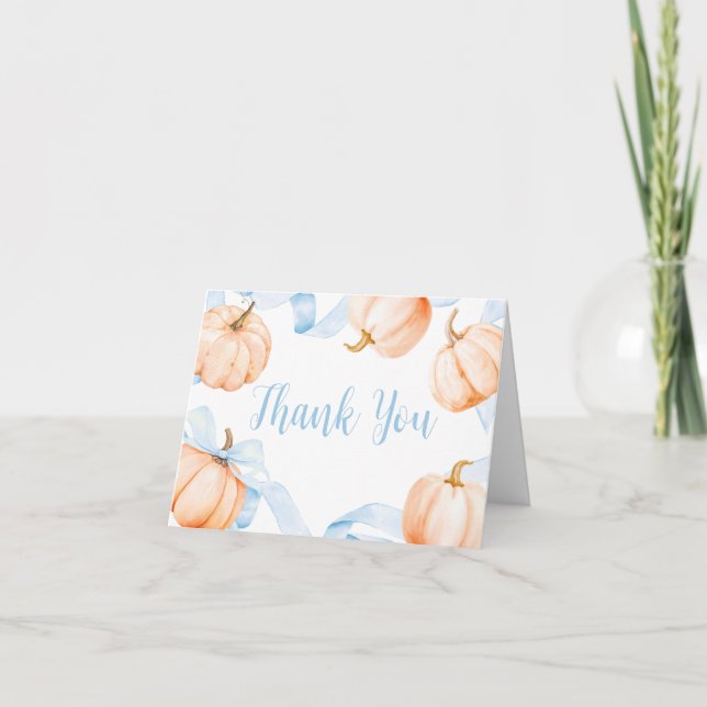 Blue Bow Pumpkin Baby Shower Thank You Card (Front)
