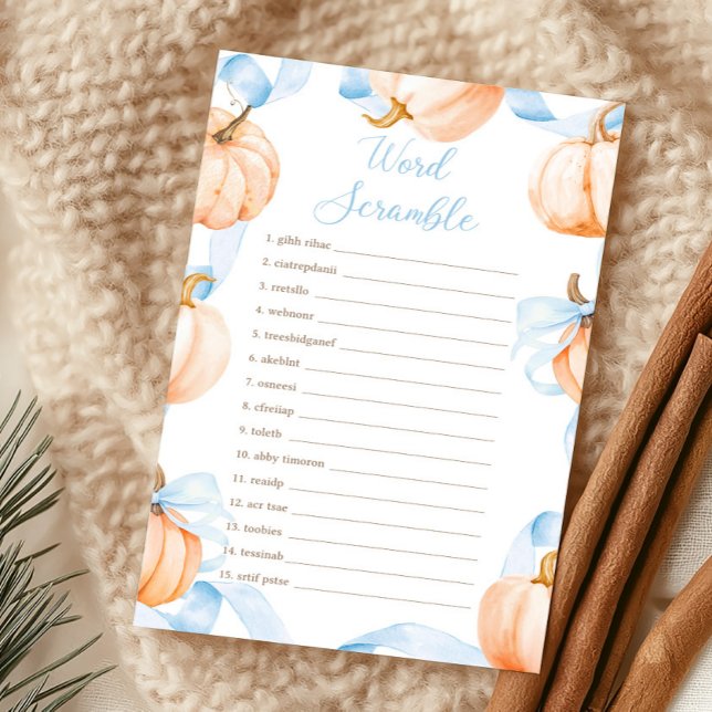 Blue Bow Pumpkin Baby Shower Word Scramble Game (Boy Bow Pumpkin Baby Shower Word Scramble Game)