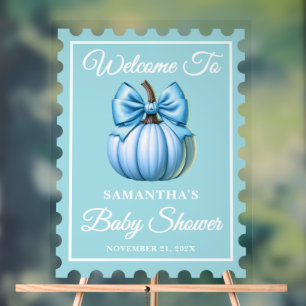 Blue Bow Pumpkin Postage Stamp Baby Shower Welcome Acrylic Sign