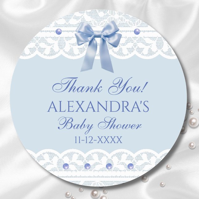Blue Bow Regency Lace Baby Shower Thank You Classic Round Sticker (Creator Uploaded)