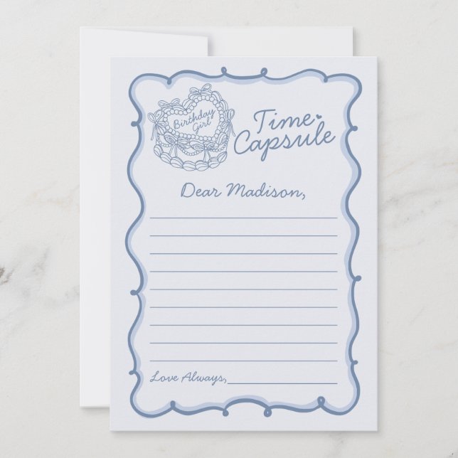 Blue Bow Retro Coquette Cake Time Capsule Card (Front)