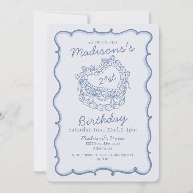 Blue Bow Retro Heart Coquette Cake 21st Birthday Invitation (Front)