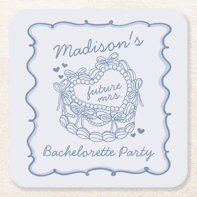 Blue Bow Retro Heart Coquette Cake Bachelorette Square Paper Coaster (Front)