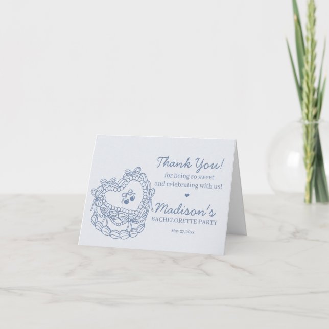 Blue Bow Retro Heart Coquette Cake Bachelorette Thank You Card (Front)