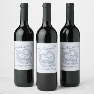 Blue Bow Retro Heart Coquette Cake Bachelorette Wine Label