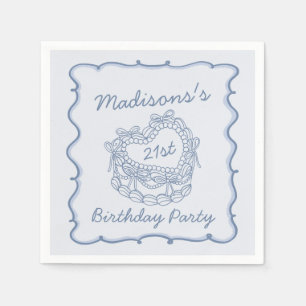 Blue Bow Retro Heart Coquette Cake Birthday Napkin