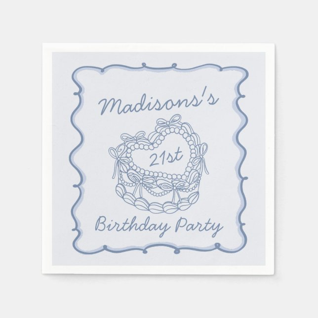 Blue Bow Retro Heart Coquette Cake Birthday Napkin (Front)