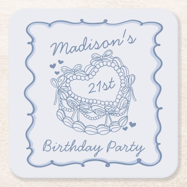Blue Bow Retro Heart Coquette Cake Birthday Square Paper Coaster (Front)