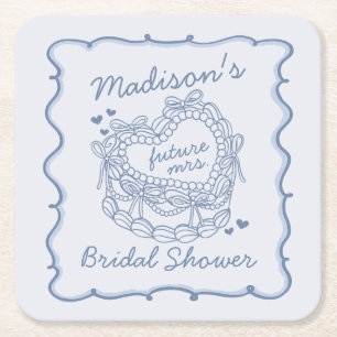 Blue Bow Retro Heart Coquette Cake Bridal Shower Square Paper Coaster