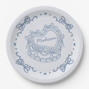 Blue Bow Retro Heart Coquette Cake Personalised Paper Plate