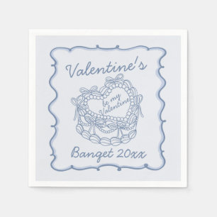 Blue Bow Retro Heart Coquette Cake Valentines Napkin