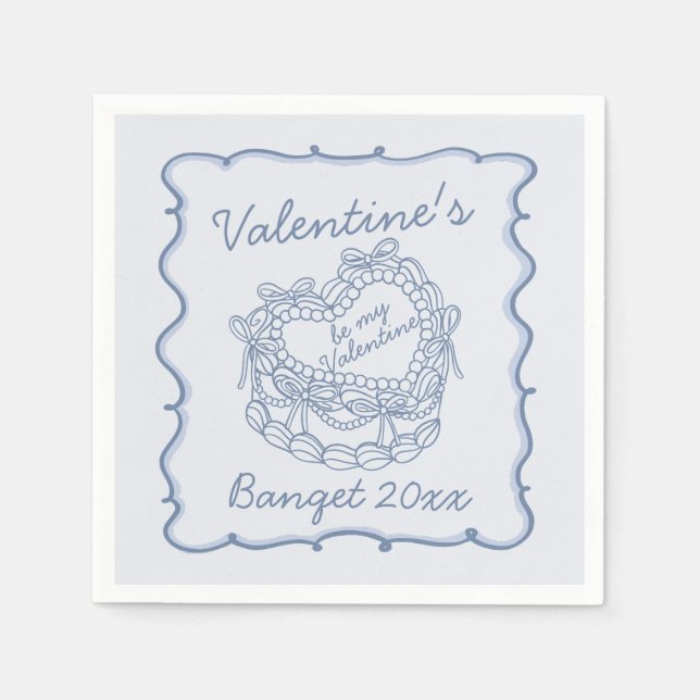 Blue Bow Retro Heart Coquette Cake Valentines Napkin (Front)