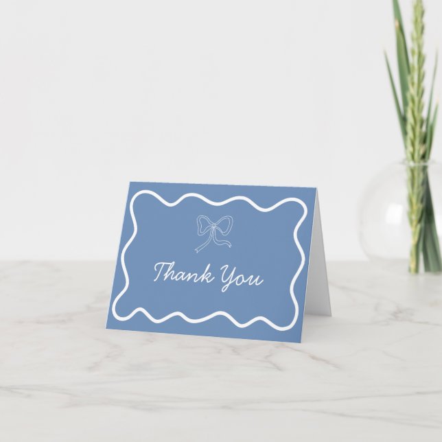 Blue Bow Retro Wavy Baby Shower Thank You Card (Front)
