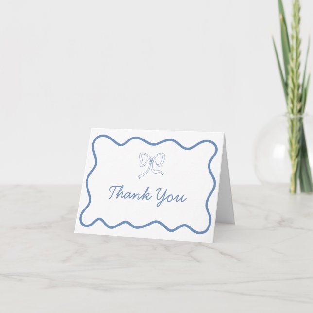 Blue Bow Retro Wavy Baby Shower Thank You Card (Front)