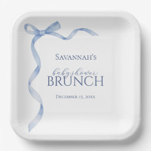 Blue Bow Ribbon Baby Shower Paper Plate