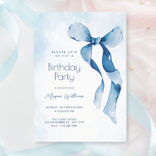 Blue bow ribbon birthday invitation