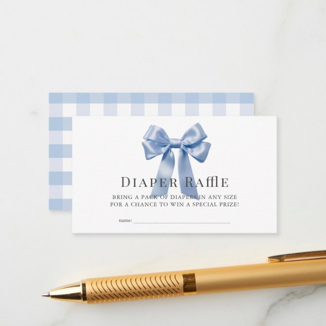 Blue Bow Ribbon Boy Baby Diaper Raffle Ticket Enclosure Card (Front/Back In Situ)