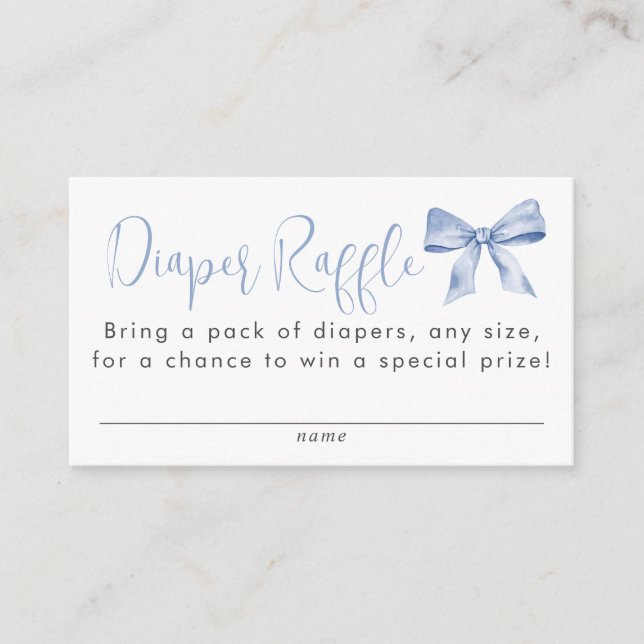 Blue Bow Ribbon Boy Baby Shower Diaper Raffle Enclosure Card (Front)