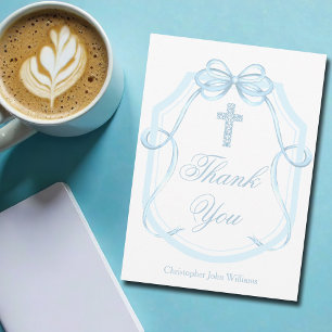 Blue Bow Ribbon Christian Cross Personalized Thank You Card