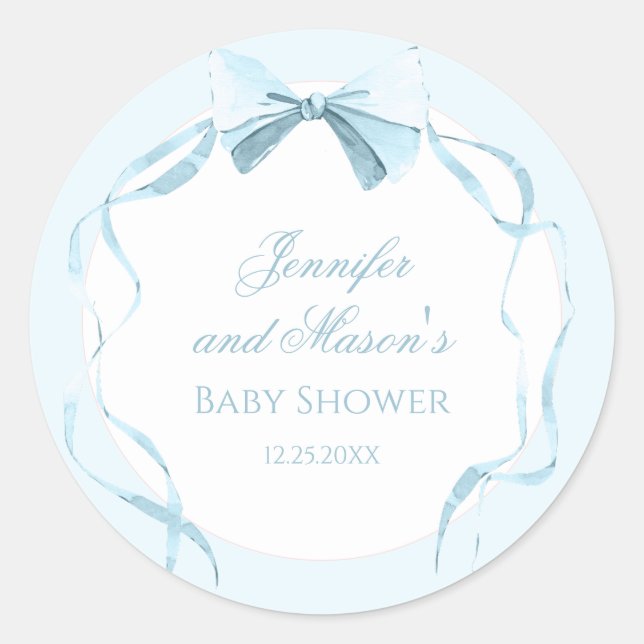 Blue bow ribbon classic preppy baby boy shower classic round sticker (Front)