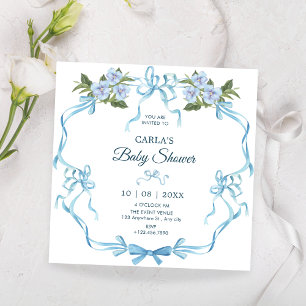 Blue bow ribbon floral baby shower invitation