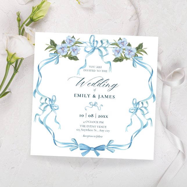 Blue bow ribbon floral wedding invitation (Creator Uploaded)