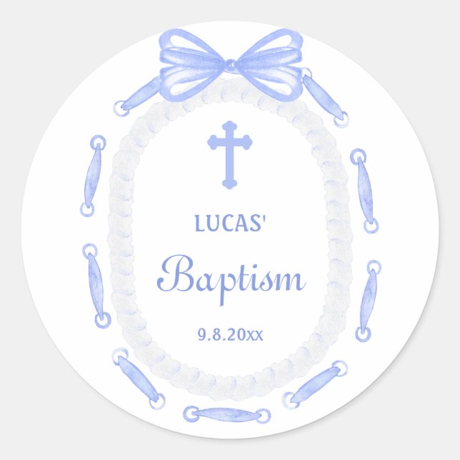 Blue Bow Ribbon Frame Baptism Classic Round Sticker (Front)