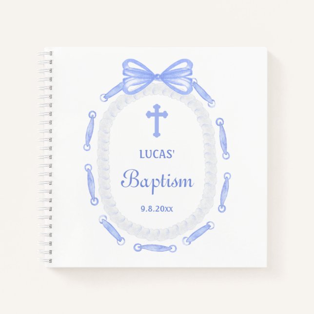Blue Bow Ribbon Frame Baptism Guest Book (Front)