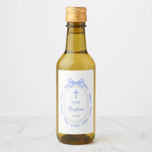 Blue Bow Ribbon Frame Baptism Wine Label