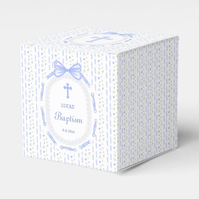 Blue Bow Ribbon Frame Floral Baptism Cube Favour Box (Front Side)