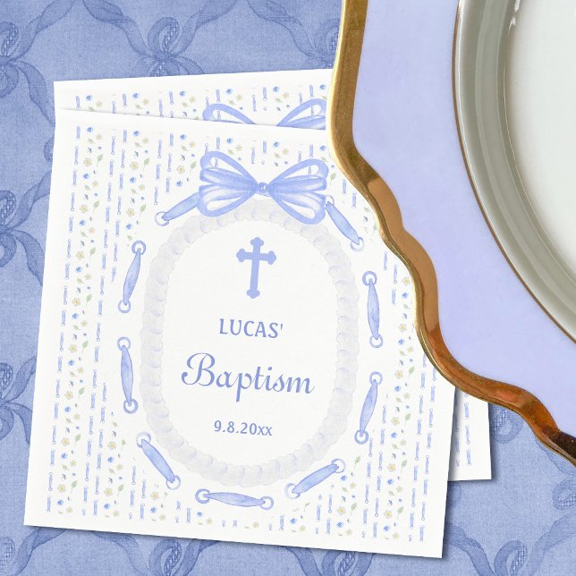 Blue Bow Ribbon Frame Floral Baptism Napkin (Creator Uploaded)