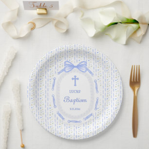 Blue Bow Ribbon Frame Floral Baptism Paper Plate