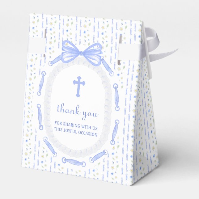 Blue Bow Ribbon Frame Floral Baptism Tent Favour Box (Back Side)