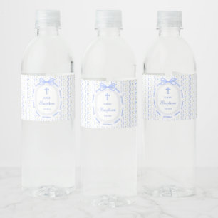 Blue Bow Ribbon Frame Floral Baptism Water Bottle Label