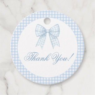 Blue bow ribbon gingham baby boy shower thank you favour tags