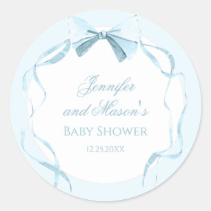 Blue bow ribbon gingham preppy baby girl shower classic round sticker