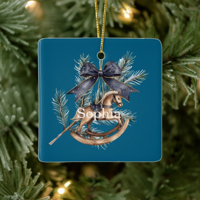 Blue Bow Rocking Horse Christmas Ceramic Ornament (Tree)