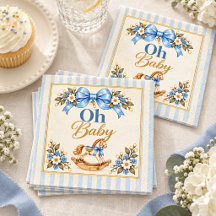 Blue Bow Rocking Horse Oh Baby Shower Napkins