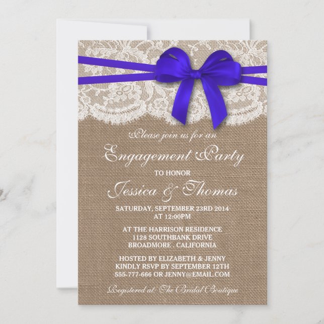 Blue Bow Rustic Burlap & Lace Engagement Party Invitation (Front)