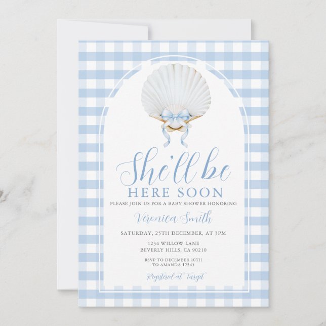 Blue Bow She'll Be Here Soon Sea Shell Baby Shower Invitation (Front)