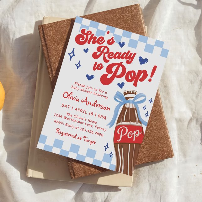 Blue Bow She's Ready to Pop Baby Shower Invitation (Creator Uploaded)