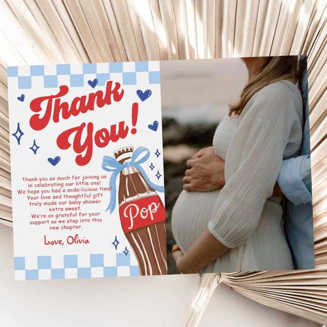 Blue Bow She's Ready to Pop Baby Shower Photo Thank You Card (Creator Uploaded)