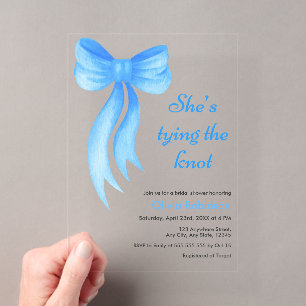 Blue Bow She's Tying the Knot Bridal Shower Acrylic Invitations