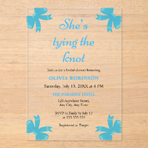 Blue Bow She's Tying the Knot Bridal Shower  Acrylic Invitations