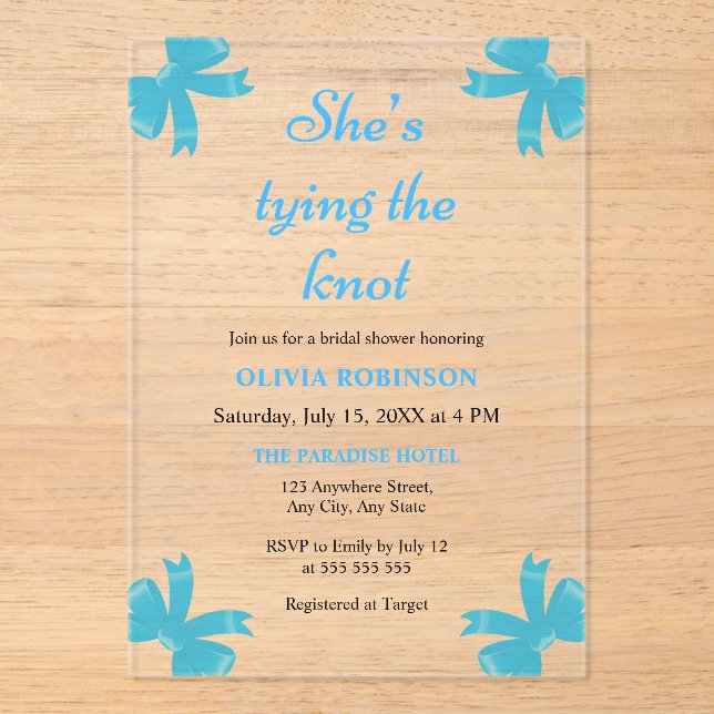 Blue Bow She's Tying the Knot Bridal Shower  Acrylic Invitations (Front)