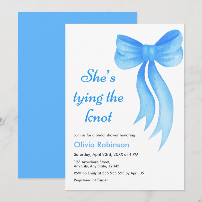 Blue Bow She's Tying the Knot Bridal Shower  Invitation (Front/Back)