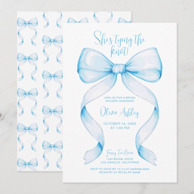 Blue Bow She's Tying the Knot Bridal Shower Invitation (Front/Back)