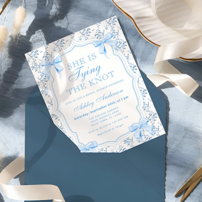 Blue Bow She's Tying the Knot Bridal Shower Invitation (Creator Uploaded)